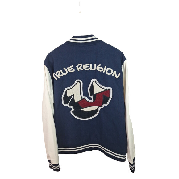 New True Religion Horseshoe Patch Varsity Jacket Navy -white Men Size Medium - Picture 1 of 8